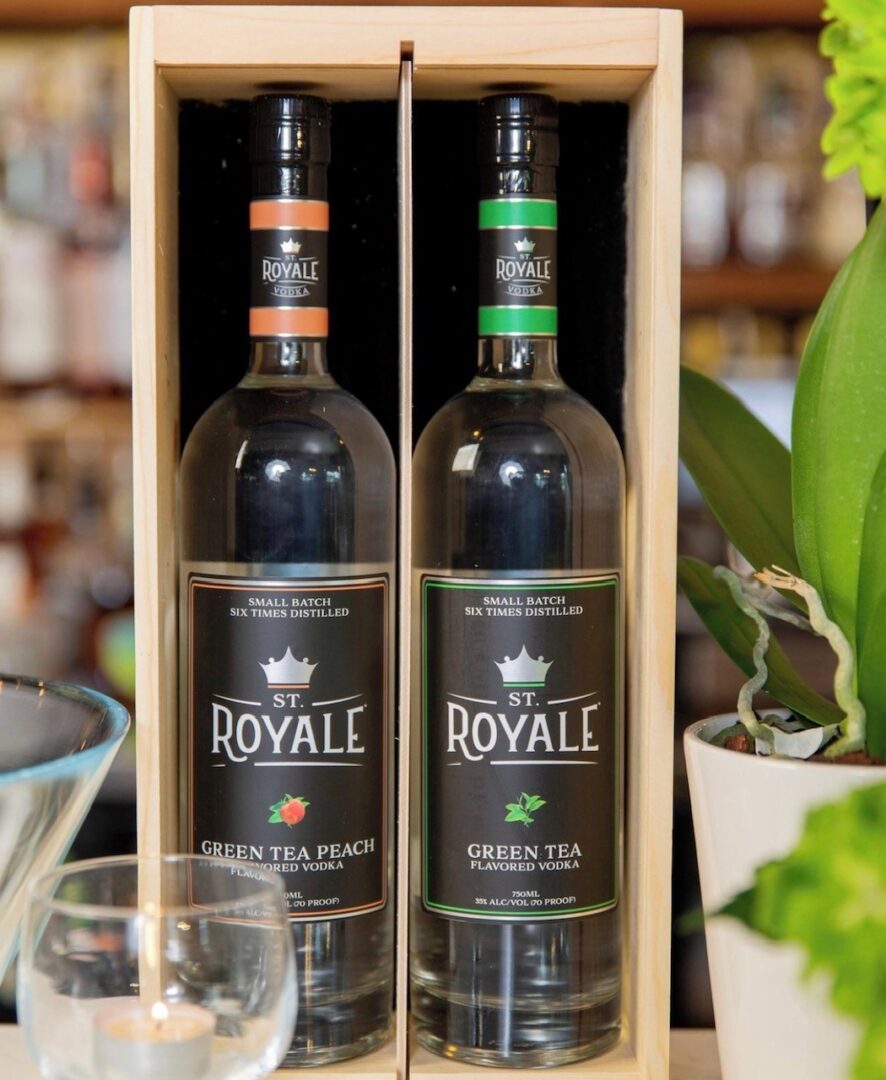 Two St Royale Wine Bottles in a Wooden Box