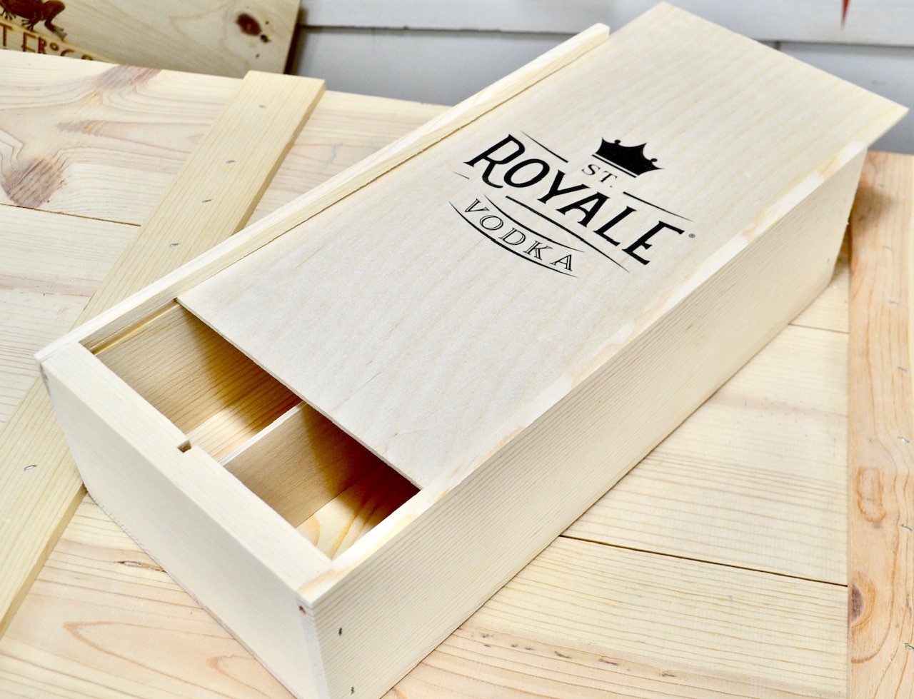 St Royale Vodka Wooden Box With a Sliding Box