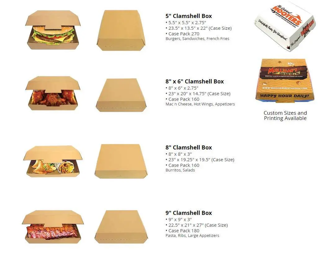 Clamshell boxes: various sizes, foods.