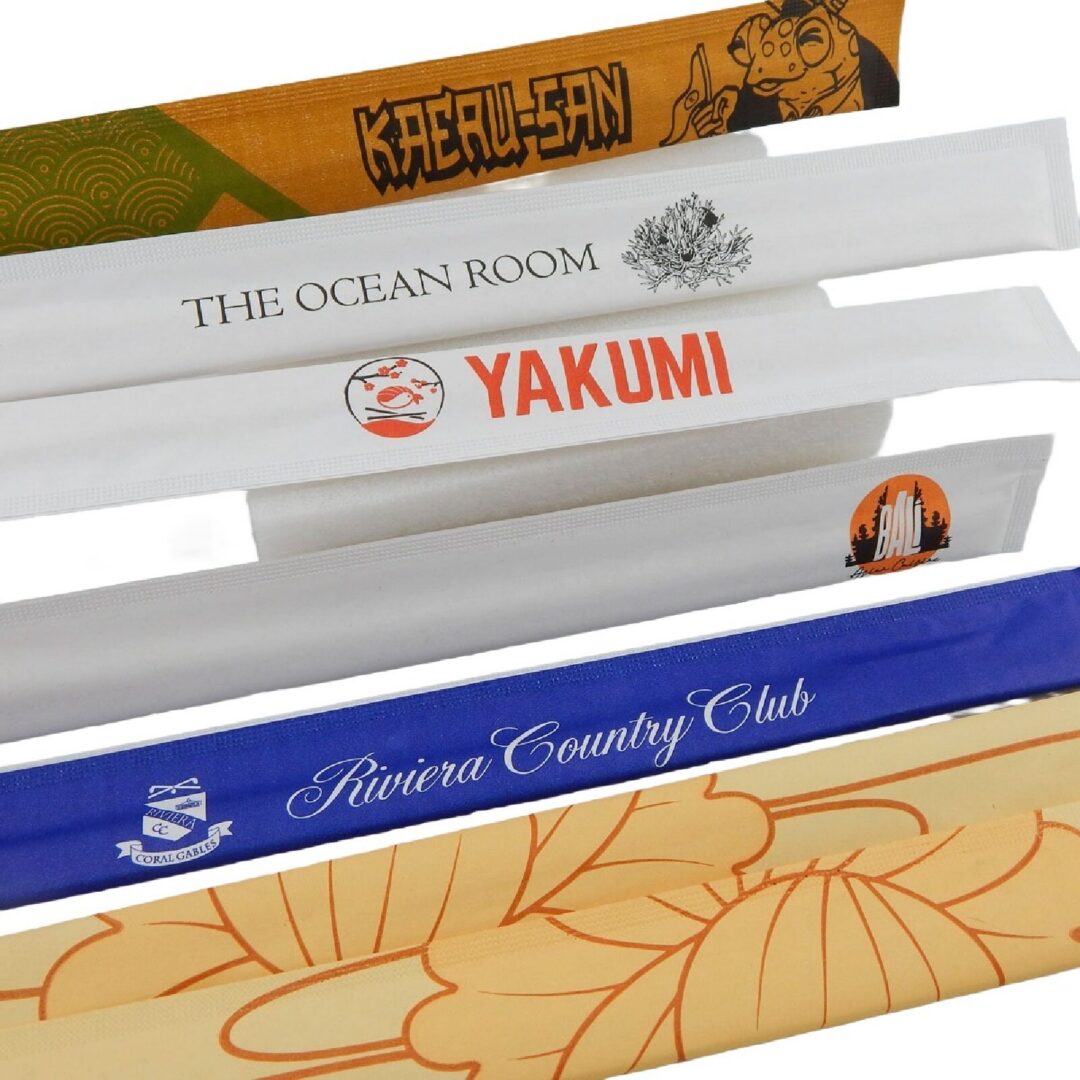 Close up of custom printed chopstick sleeves branded for restaurants