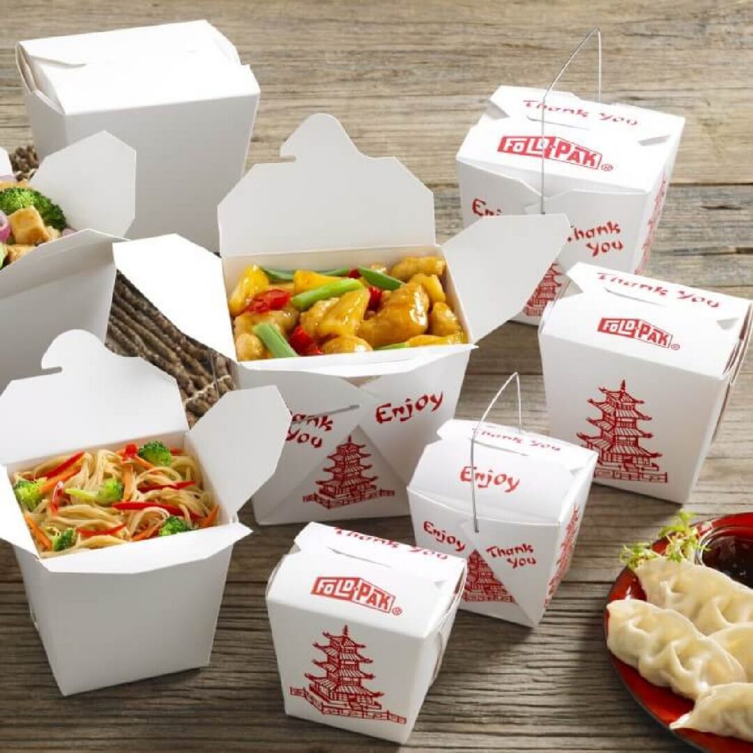 Custom printed Chinese take out boxes, also called noodle boxes or oyster pails, filled with Asian food